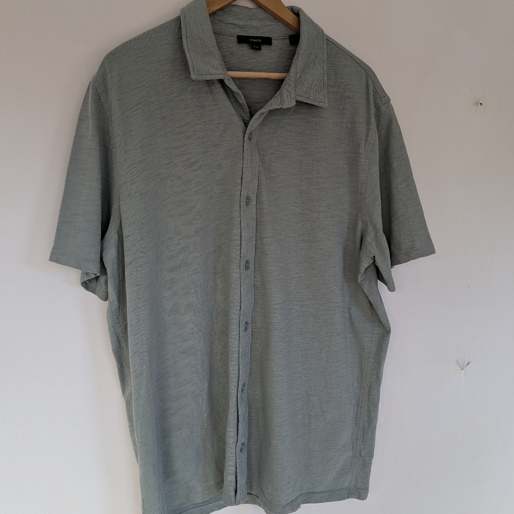 Vince Jersey Cotton Short-Sleeve Button-Down Shirt - Light Sage Green Size XL